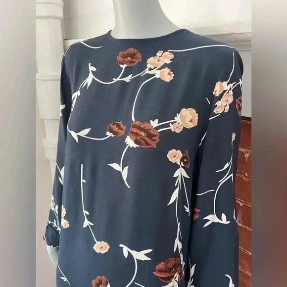 Ganni Dalton Shift Dress in Navy Blue Floral Crepe Long Sleeve Mini - Picture 8 of 16